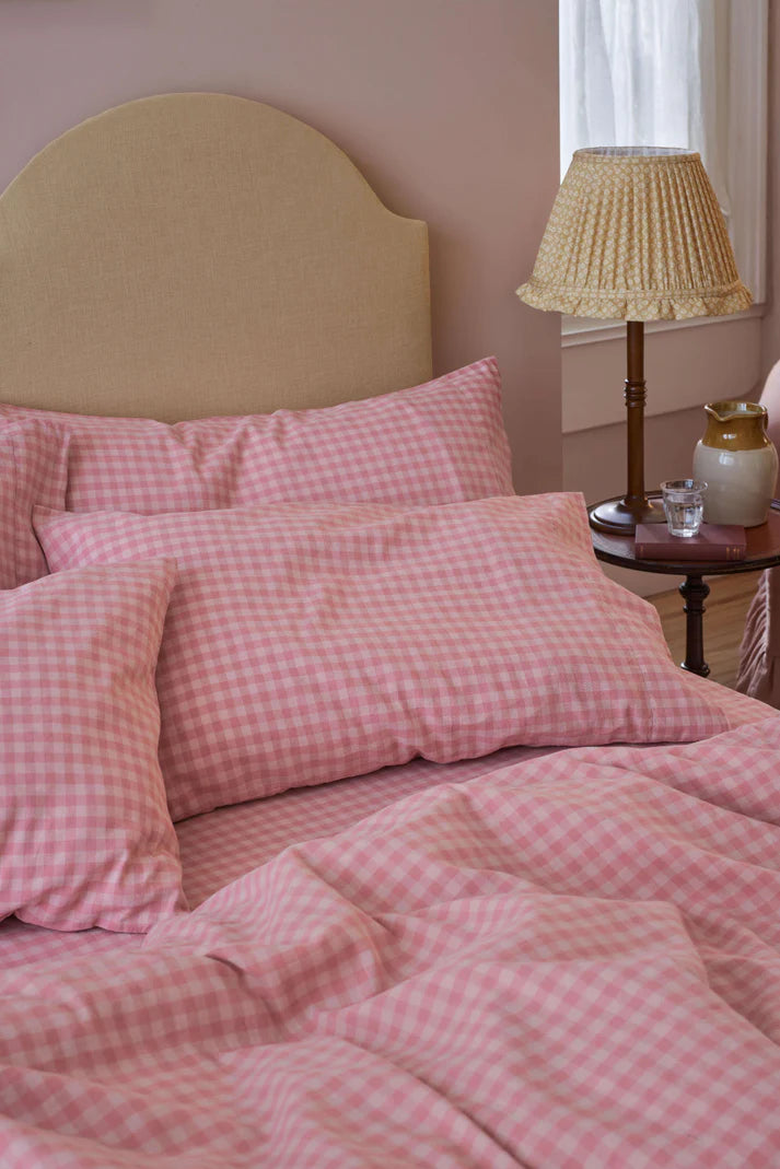 Dusty Pink & Rose Colour Drenched Gingham Linen Blend Duvet Cover
